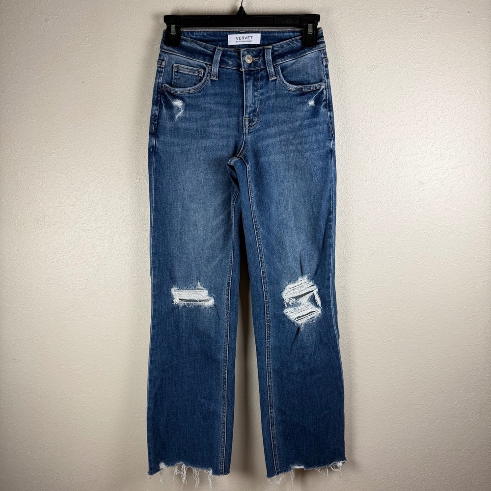 Vervet by Flying Monkey Evie Mid-Rise Classic Straight Distressed Jeans 22 Blue